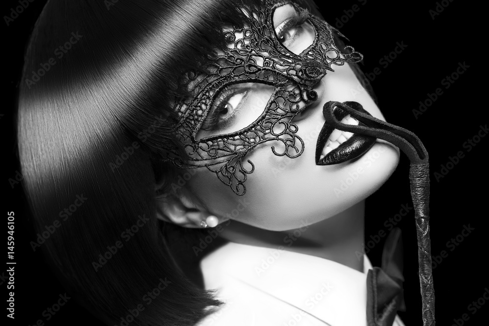 Sexy woman in mask, whip on red lips, bdsm, isolated. Black and white foto  de Stock | Adobe Stock