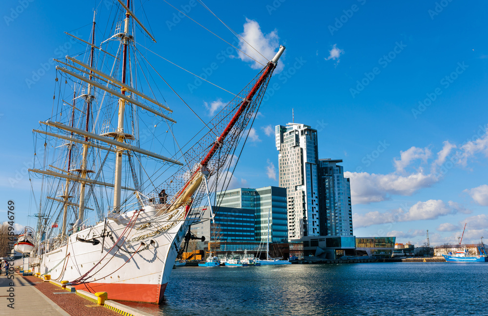 Sailing frigate in harbor of Gdynia, Poland