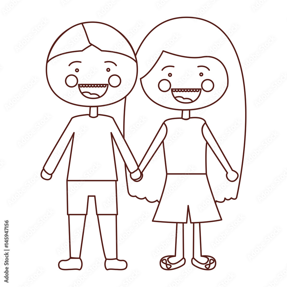 sketch contour smile expression cartoon couple kids in casual clothes with taken hands vector illustration