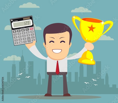 Man showing a calculator and winner cup.