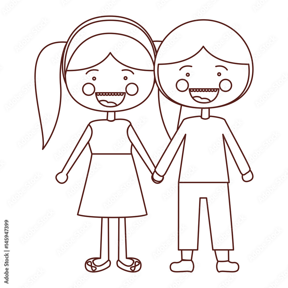 sketch contour smile expression cartoon guy and girl pigtails hairstyle with taken hands vector illustration sketch contour smile expression cartoon guy and girl pigtails hairstyle with taken hands vector illustration
