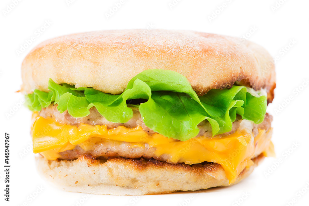 Fast food hamburger close-up isolated on white
