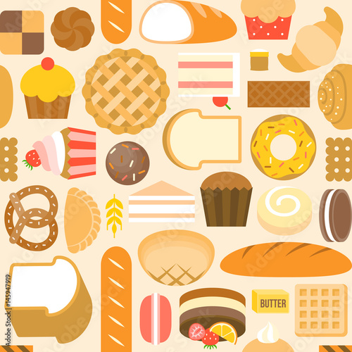 Seamless pattern of bakery product, such as loaf of bread, cake, pastry, cookies in flat design vector