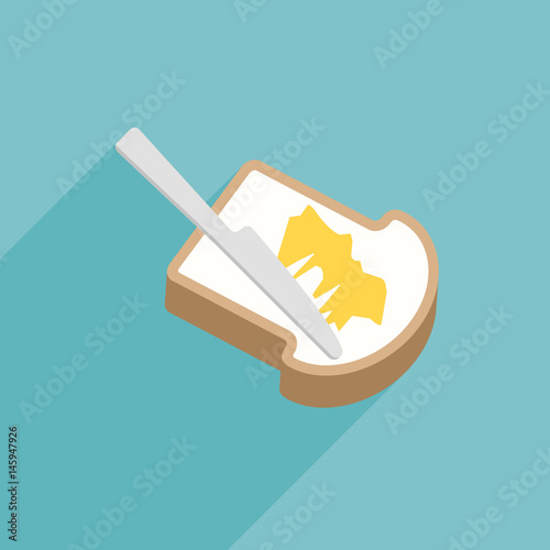 Slice of toast bread with knife spreading butter or margarine, flat design vector with long shadow