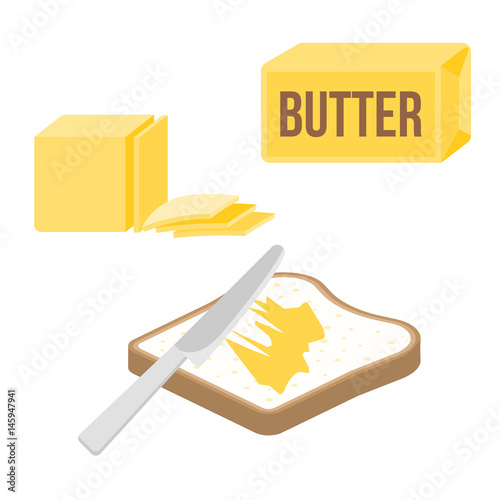 knife spreading butter or margarine on slice of toast bread and bar of butter, flat design vector