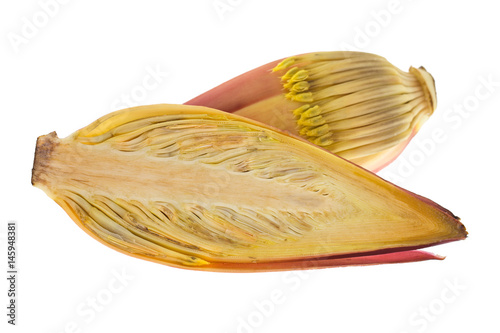 Closeup cross section of fresh raw banana blossom with maroon purplish flowers cut in half isolated on white background photo