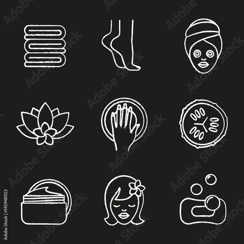 Spa salon procedures chalk icons set