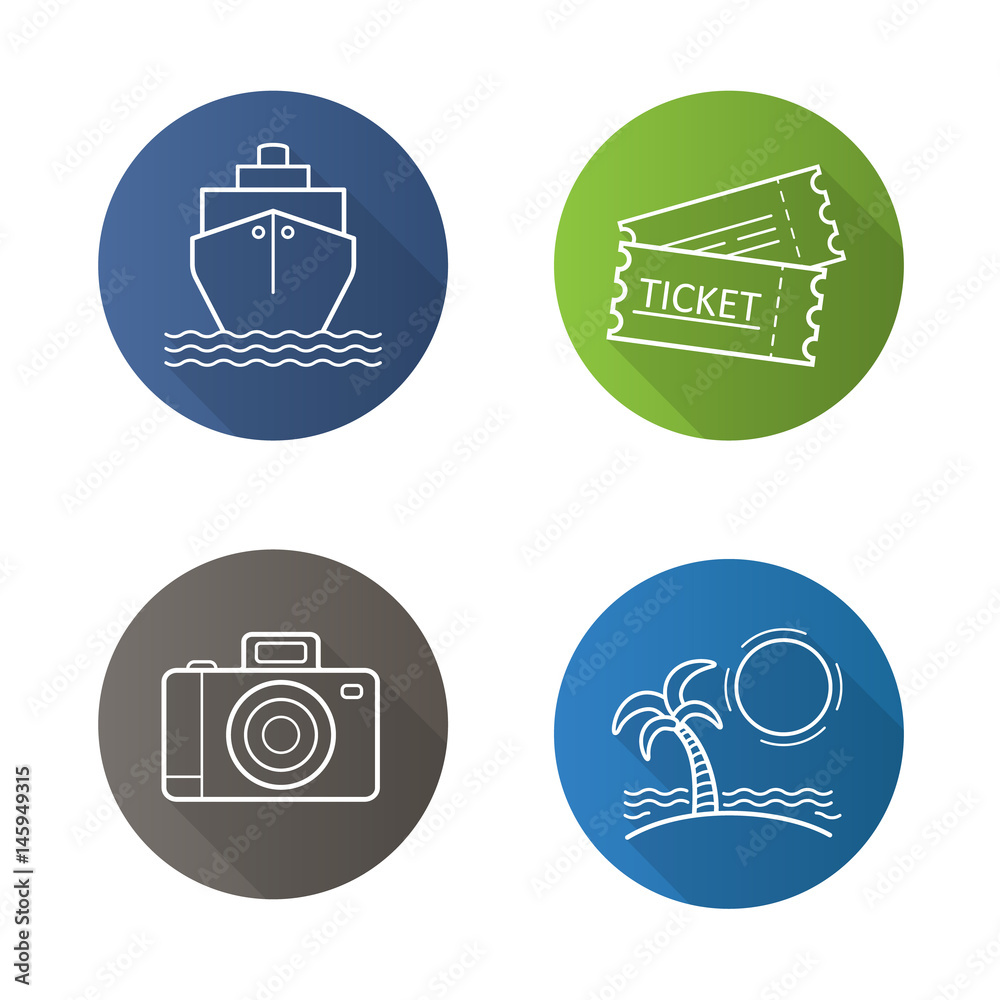 Travel and tourism. Flat linear long shadow icons set Travel and tourism. Flat linear long shadow icons set