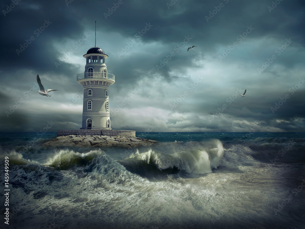 Lighthouse on the sea under sky - obrazy, fototapety, plakaty 