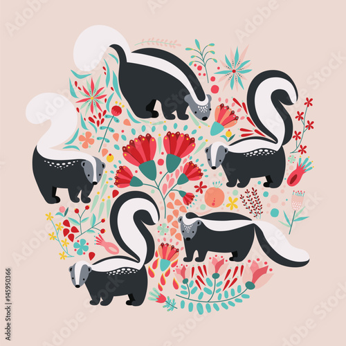 Illustration in flat style with cartoon floral elements, flowers and skunks