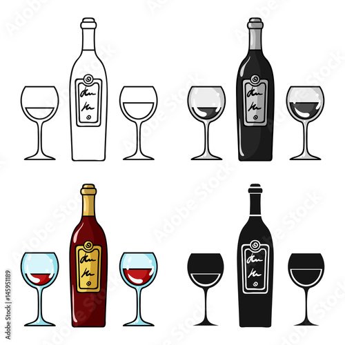 Bottle of red wine with glasses icon in cartoon style isolated on white background. Restaurant symbol stock vector illustration.