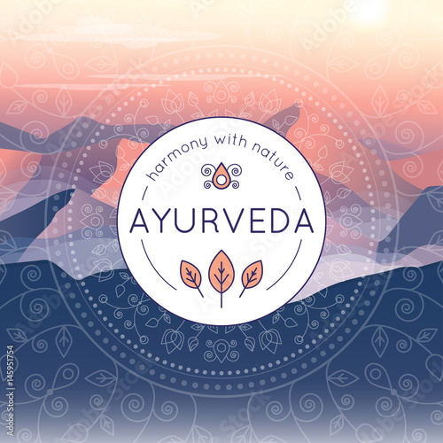 Vector Ayurveda illustration with evening mountain landscape, ethnic patterns and sample text for use as a template of banner, backdrop or poster for ayurveda medicine center or product.