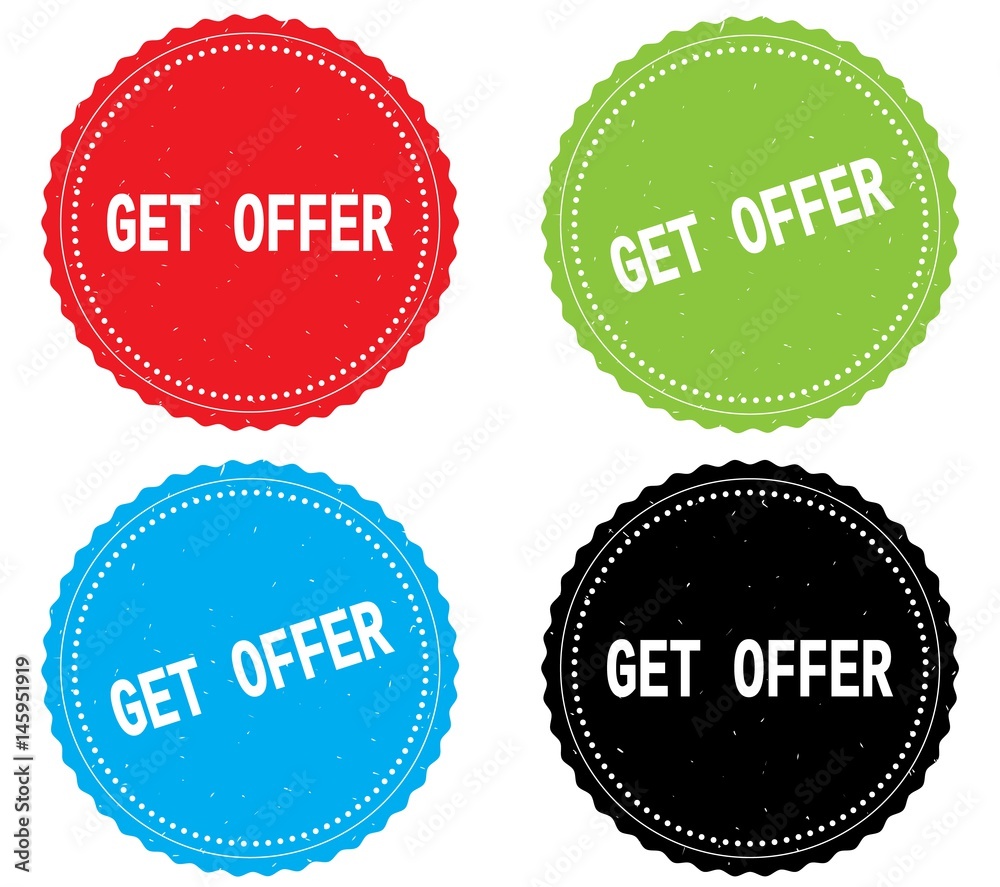 GET OFFER text, on round wavy border stamp badge.