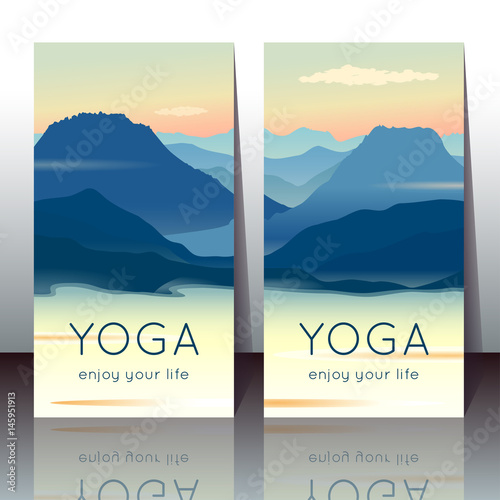 Vector yoga cards with morning mountain landscape and sample text for use as a template of banner, backdrop, poster, invitation for yoga center, studio or retreat.