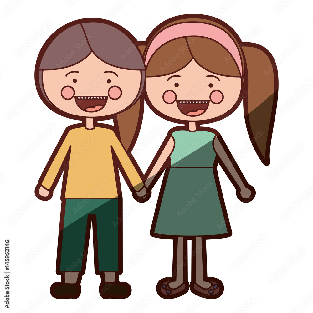 color silhouette shading smile expression cartoon guy and girl pigtails hairstyle with taken hands vector illustration