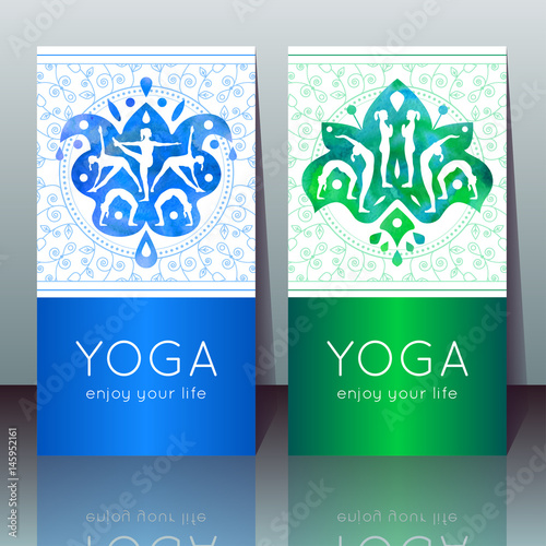 Vector yoga cards with girls in yoga poses, ethnic indian ornament, linear pattern and sample text for use as a template of banner, poster for Yoga day, invitation for yoga center, studio or retreat.