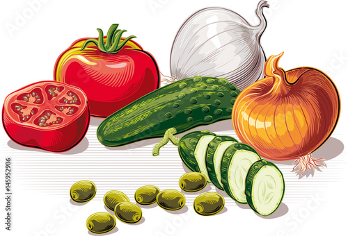 Composition with tomatoes, onions, cucumber, green olives.
