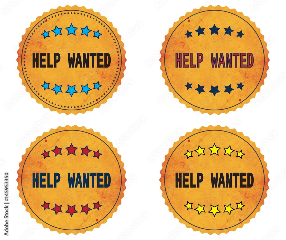 HELP WANTED text, on round wavy border vintage, stamp badge.
