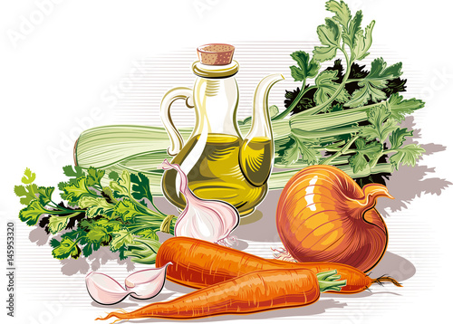 Composition with onion, parsley, celery, garlic, carrots and olive oil.