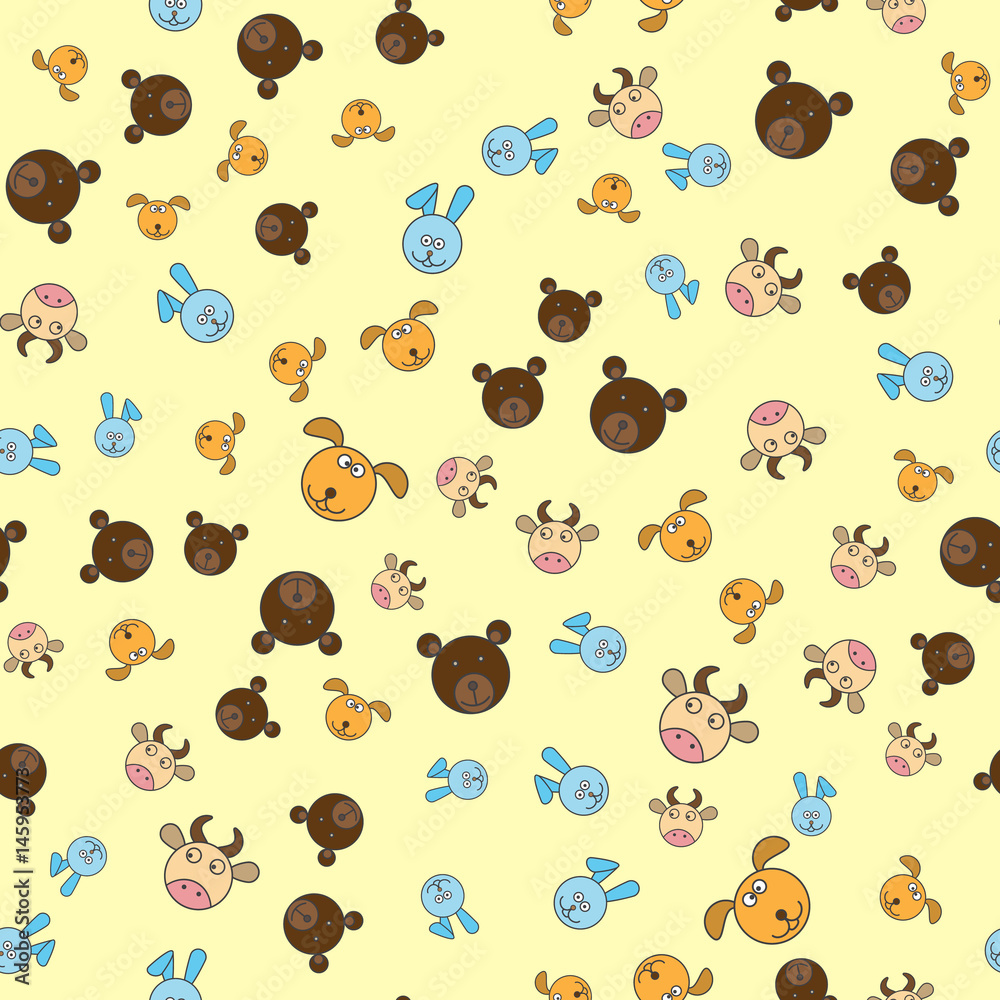 Fototapeta premium Child seamless pattern with muzzles of animals, bear, rabbit, dog and cow on a yellow background.