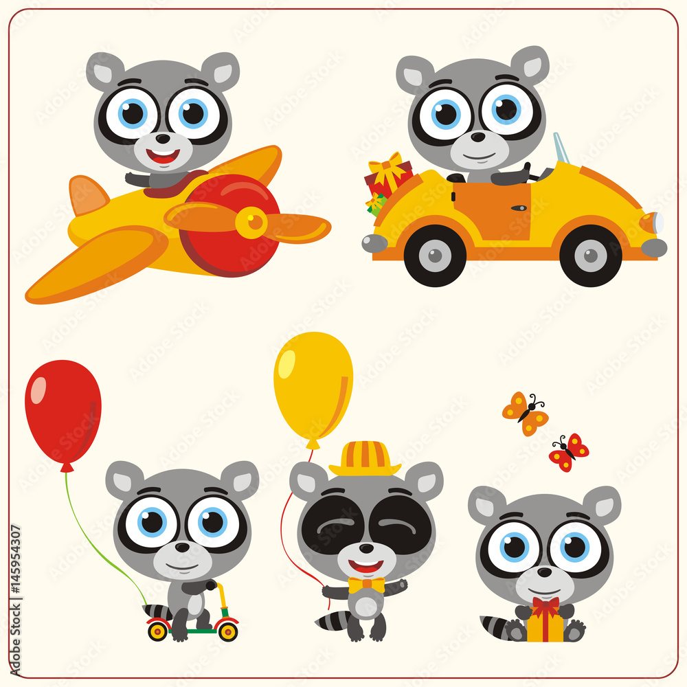 Set isolated raccoon for holiday design. Little raccoon in airplane, car, with balloons and gifts. Collection funny raccoon in cartoon style for children holiday and birthday.