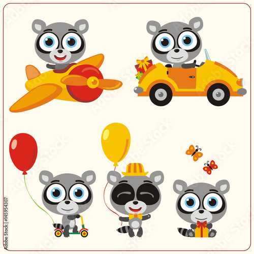Fototapeta Naklejka Na Ścianę i Meble -  Set isolated raccoon for holiday design. Little raccoon in airplane, car, with balloons and gifts. Collection funny raccoon in cartoon style for children holiday and birthday.