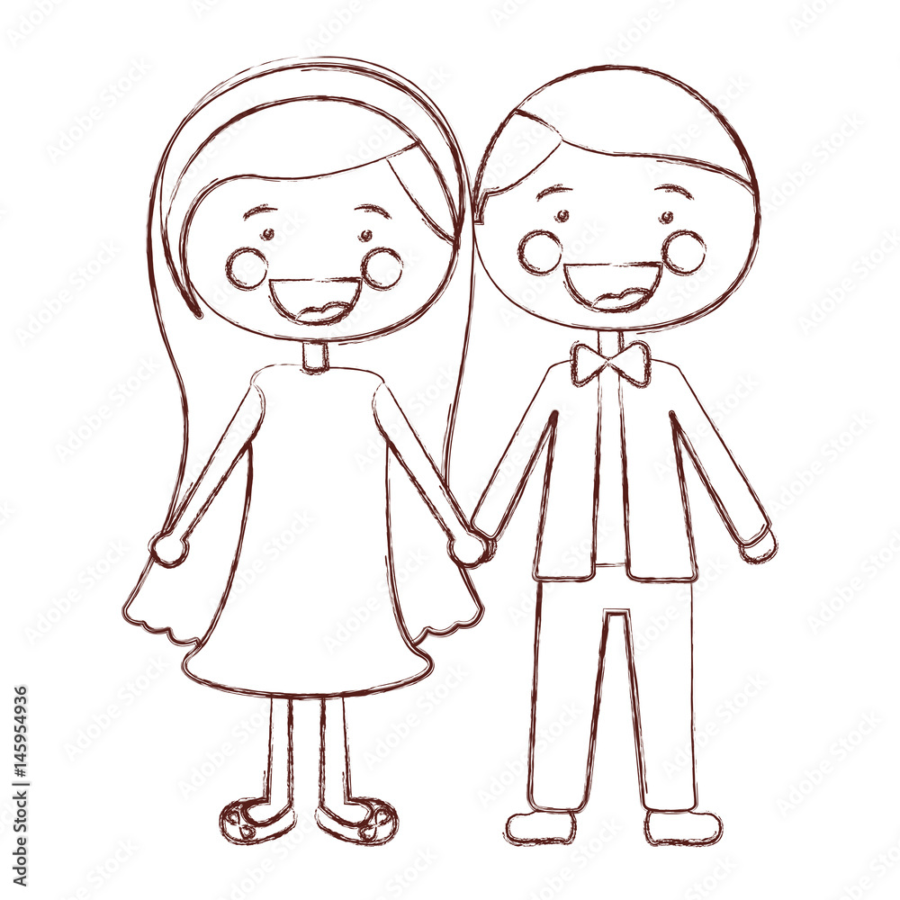 blurred contour shading smile expression cartoon couple in suit formal with taken hands vector illustration