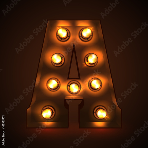 Retro light bulb font. Metallic letter A