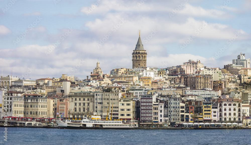 Panorama of Istanbul, Turkey with Galata Tower at center.