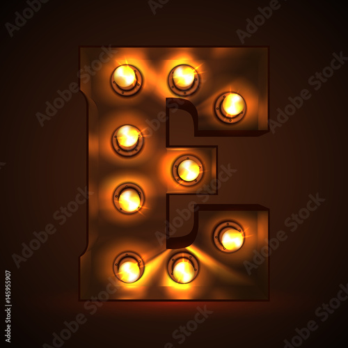 Retro light bulb font. Metallic letter E