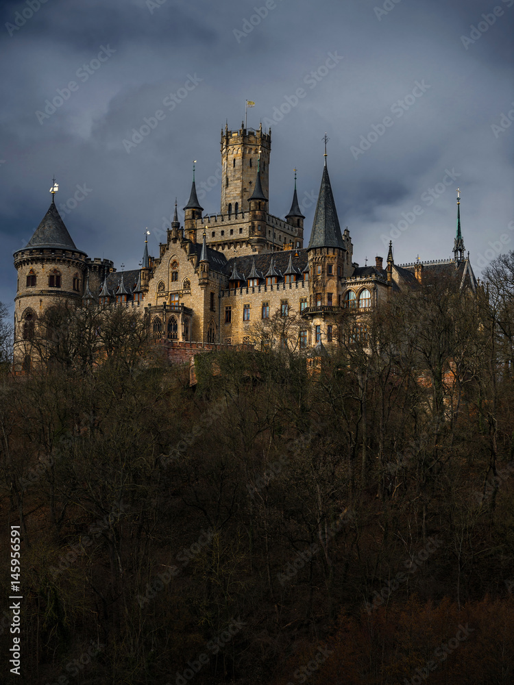 Dark dramatic landscape with Marienburg castle