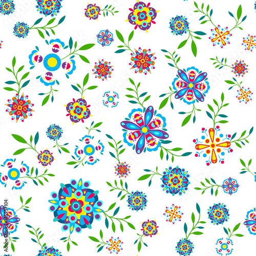 Plant seamless pattern with flowers and leaves. Vector illustration