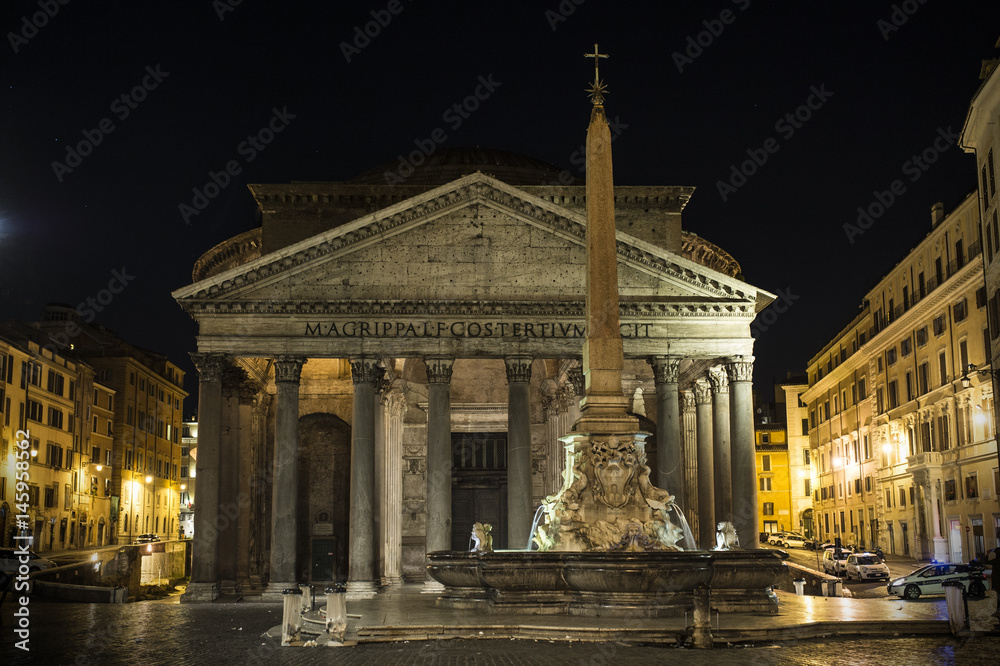 Pantheon at night with fountain. It is one of the best-preserved Ancient Roman buildings in Rome, Italy.