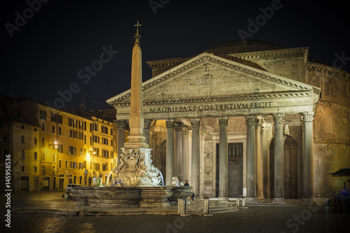 Pantheon at night with fountain. It is one of the best-preserved Ancient Roman buildings in Rome, Italy.