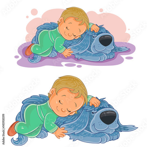 Vector illustration of a small child falling asleep using his dog instead of a pillow. Print