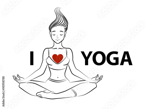 Vector illustration of a young woman in lotus pose with text I love yoga. Line art