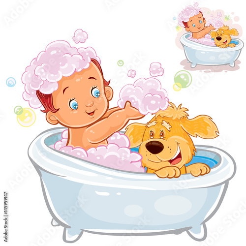 Vector illustration of a little baby taking a bath and playing with foam with his dog. Print