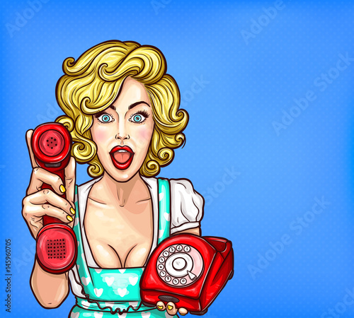 Vector pop art illustration of a beautiful blonde girl with a retro phone surprised by a good phone customer service
