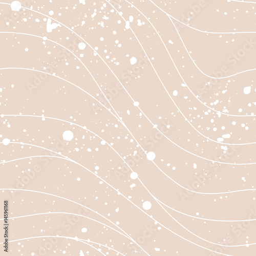 Wave seamless pattern with thin stripes on beige, or almond color, background and white splashes. Vector illustration.