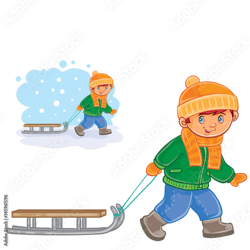 Vector winter illustration of a little boy pulling a sledge behind him. Print