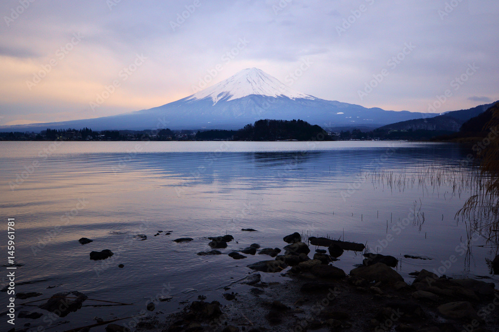 Reflection of Mt Fuji at lake Kawaguchiko with sunset