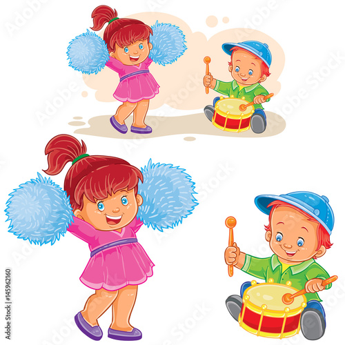 Vector illustration of a little boy knocking out a shot on the drum while a cheerful girl is dancing with pom-poms, a brother and sister are playing together. Print