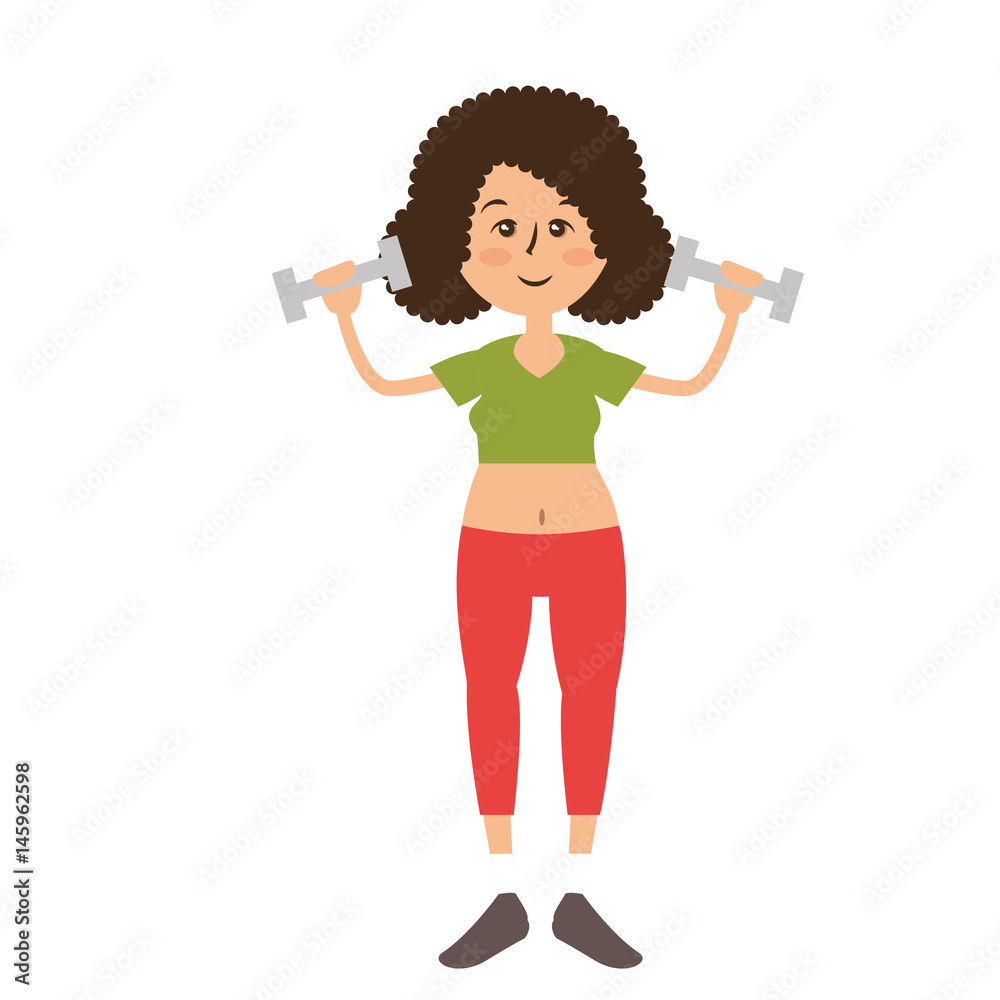 woman lifting dumbbells, cartoon icon over white background. fitness lifestyle concept. colorful design. vector illustration woman lifting dumbbells, cartoon icon over white background. fitness lifestyle concept. colorful design. vector illustration