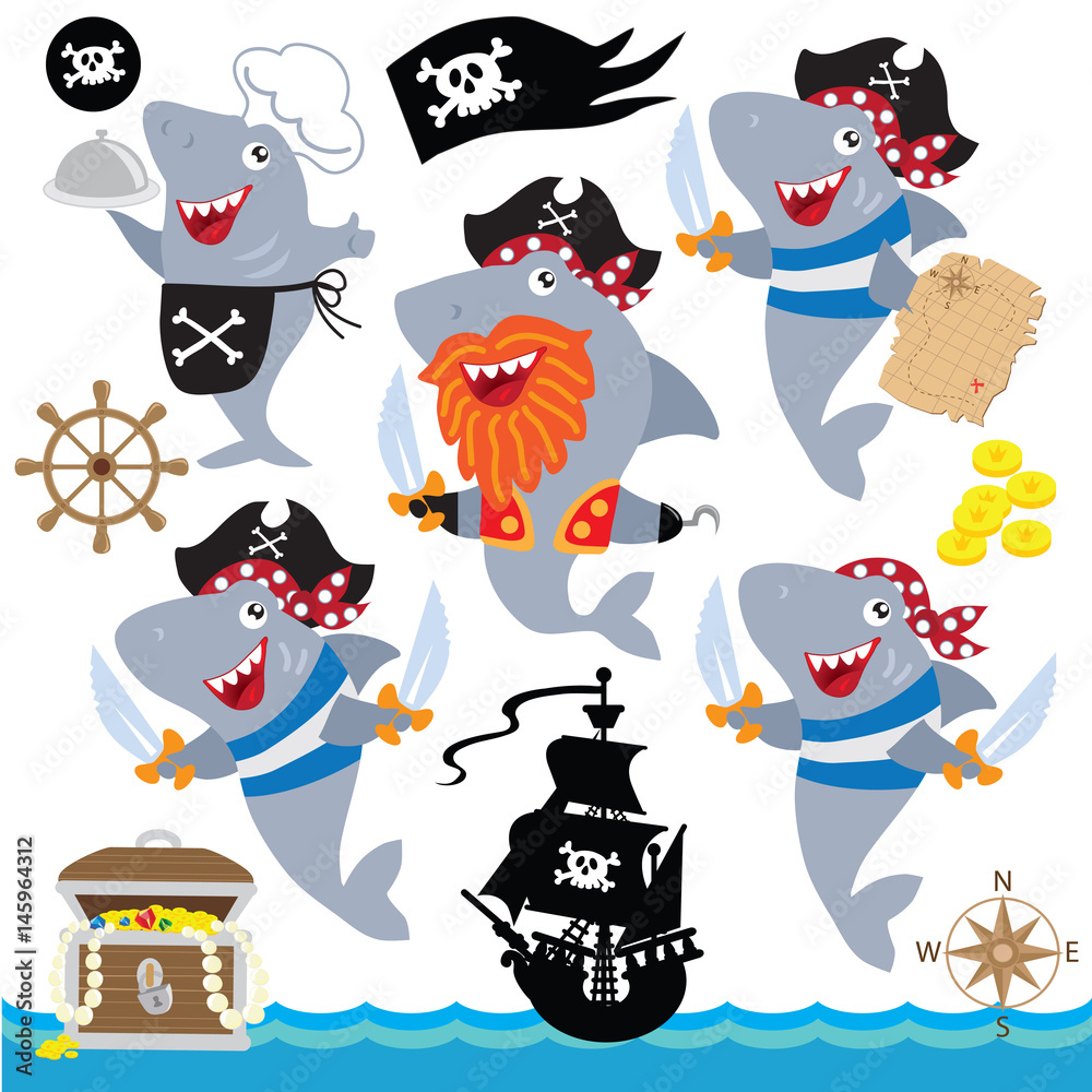 Fototapeta premium Funny shark pirate vector cartoon illustration