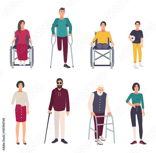 Different disabled people. Cartoon flat illustrations set.