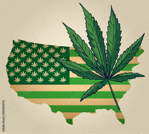Usa map as green flag with cannabis leaf. Vector image.