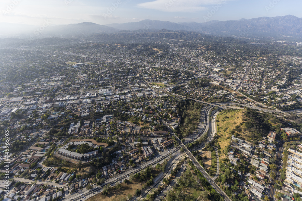 Aerial view of the Highland Park community in northeast Los Angeles, California.  