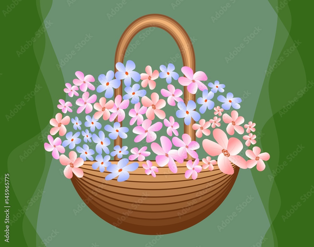 Beautiful basket with cute blue and pink flowers on green background, greeting decoration, birthday party, Beautiful basket with cute blue and pink flowers on green background, greeting decoration, birthday party,
