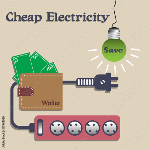 Colorful illustration with extension cord, wallet and a light bulb with the word save written on the bulb. Cheap electricity concept