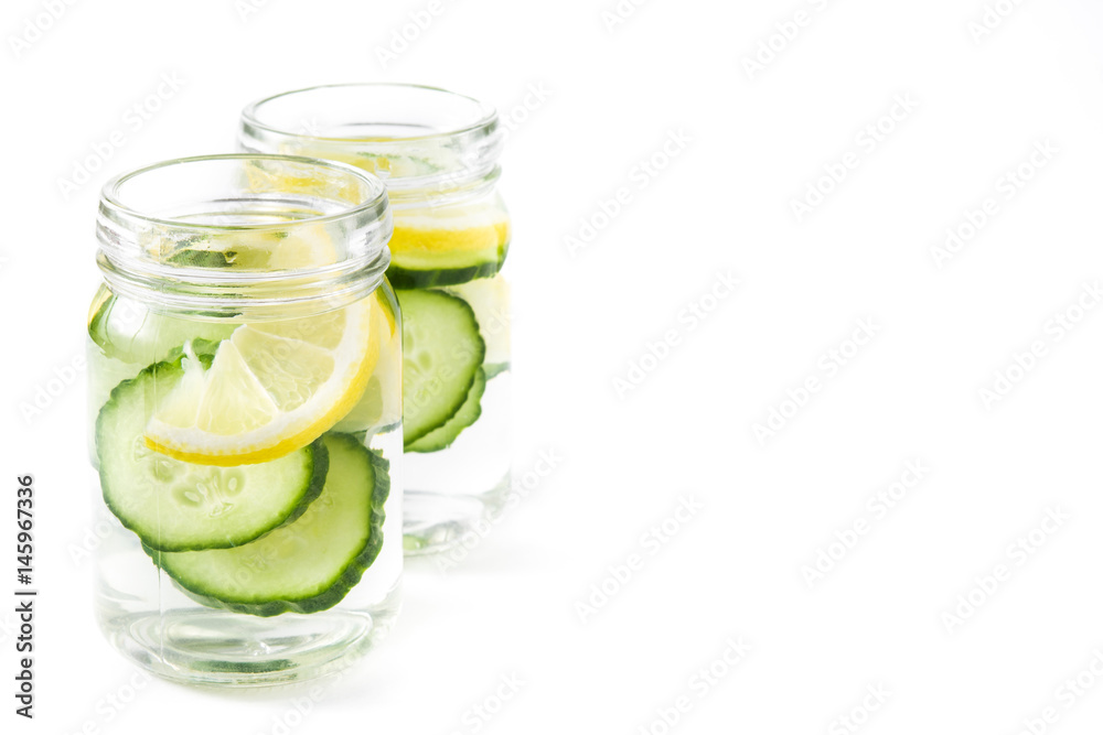 Detox water with cucumber and lemon isolated on white background
Detox water with cucumber and lemon isolated on white background